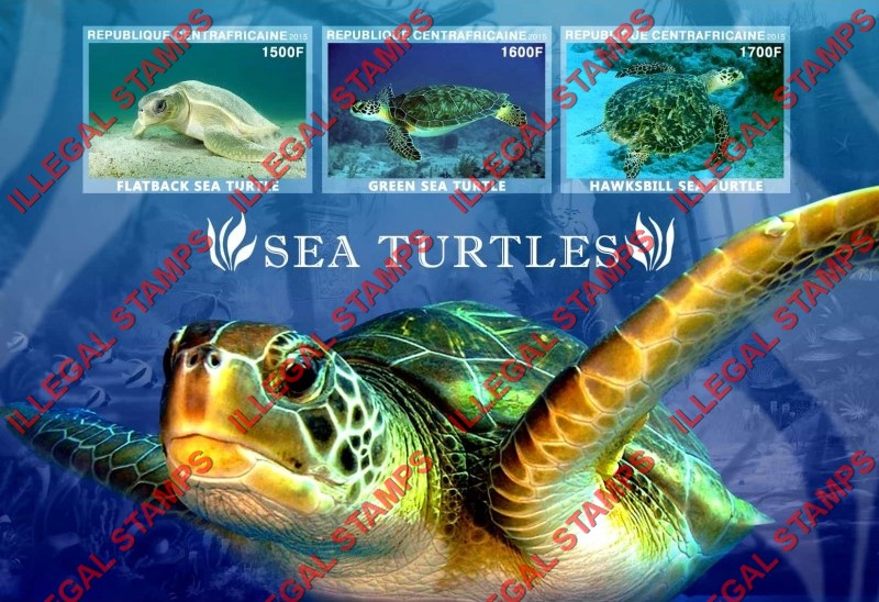 Central African Republic 2015 Sea Turtles Illegal Stamp Souvenir Sheet of 3 Central African Republic 2015 Sea Turtles Illegal Stamp Souvenir Sheet of 3