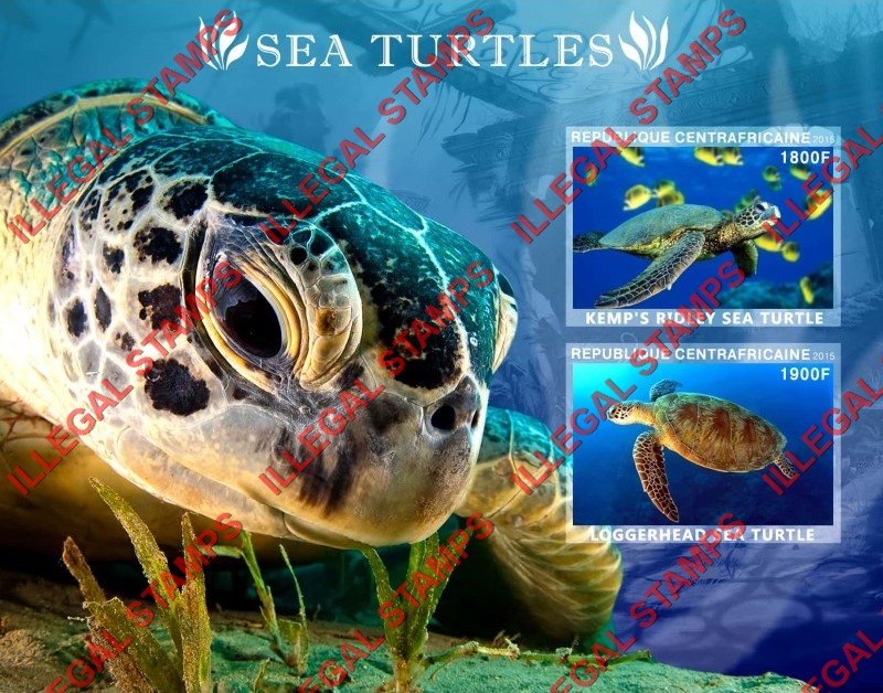 Central African Republic 2015 Sea Turtles Illegal Stamp Souvenir Sheet of 2 Central African Republic 2015 Sea Turtles Illegal Stamp Souvenir Sheet of 2