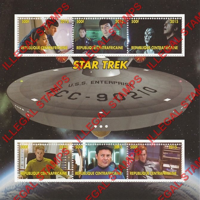 Central African Republic 2015 Star Trek Illegal Stamp Souvenir Sheet of 6 (Sheet 1) Central African Republic 2015 Star Trek Illegal Stamp Souvenir Sheet of 6 (Sheet 1)