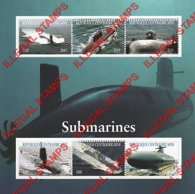 Central African Republic 2015 Submarines Illegal Stamp Souvenir Sheet of 6 Central African Republic 2015 Submarines Illegal Stamp Souvenir Sheet of 6