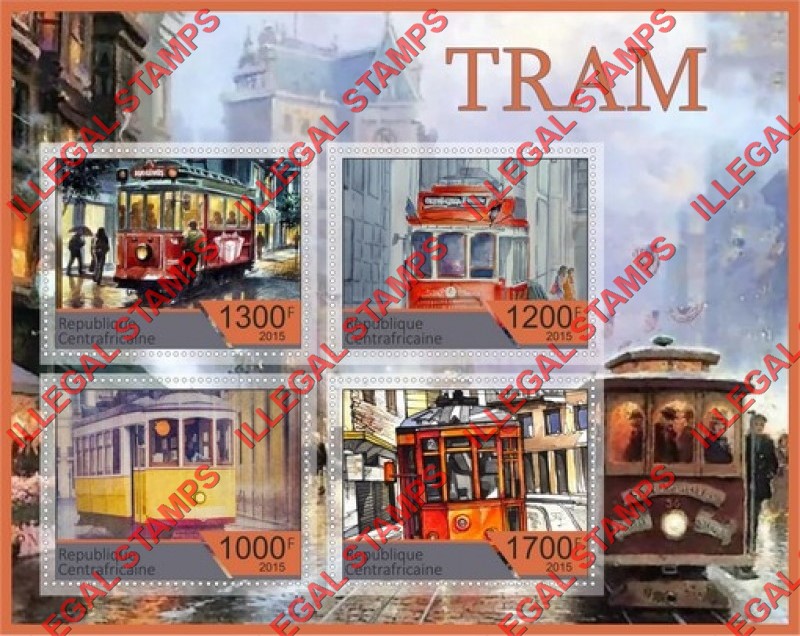 Central African Republic 2015 Tram Illegal Stamp Souvenir Sheet of 4 Central African Republic 2015 Tram Illegal Stamp Souvenir Sheet of 4
