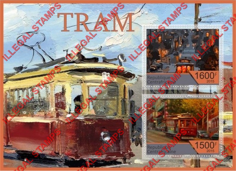 Central African Republic 2015 Tram Illegal Stamp Souvenir Sheet of 2 Central African Republic 2015 Tram Illegal Stamp Souvenir Sheet of 2
