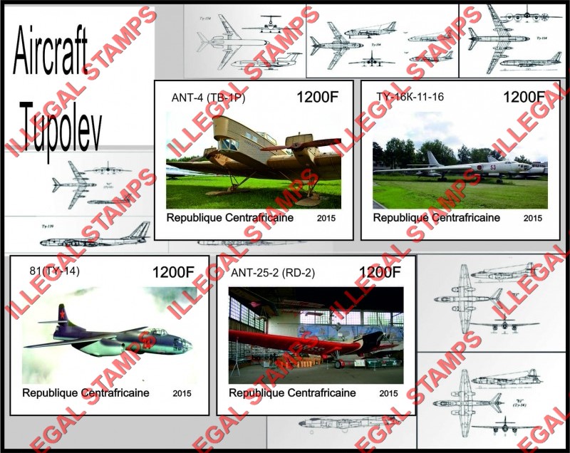Central African Republic 2015 Tupolev Aircraft (different) Illegal Stamp Souvenir Sheet of 4 Central African Republic 2015 Tupolev Aircraft (different) Illegal Stamp Souvenir Sheet of 4