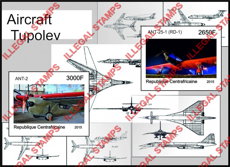 Central African Republic 2015 Tupolev Aircraft (different) Illegal Stamp Souvenir Sheet of 2 Central African Republic 2015 Tupolev Aircraft (different) Illegal Stamp Souvenir Sheet of 2