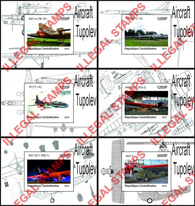 Central African Republic 2015 Tupolev Aircraft (different) Illegal Stamp Souvenir Sheets of 1 Central African Republic 2015 Tupolev Aircraft (different) Illegal Stamp Souvenir Sheets of 1