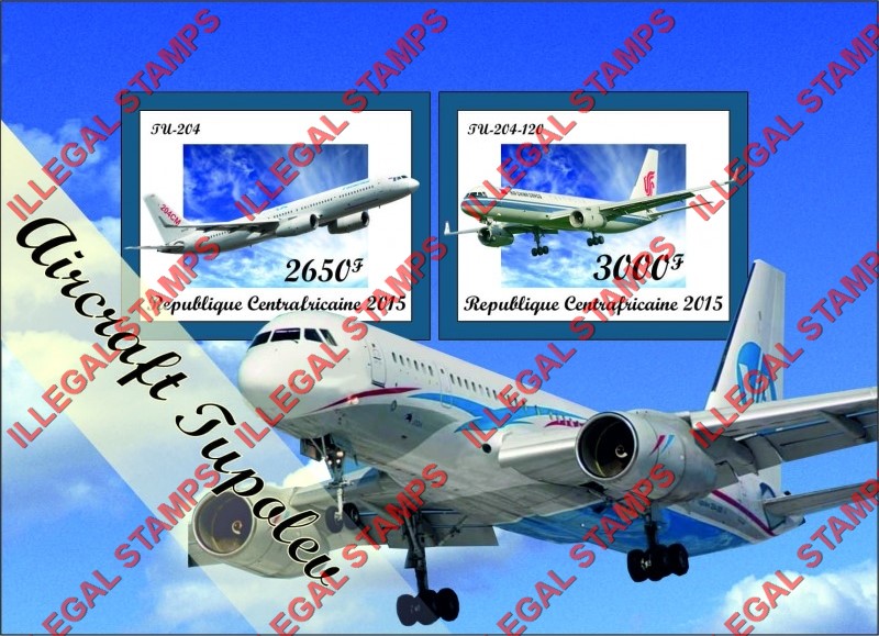 Central African Republic 2015 Tupolev Aircraft Illegal Stamp Souvenir Sheet of 2 Central African Republic 2015 Tupolev Aircraft Illegal Stamp Souvenir Sheet of 2