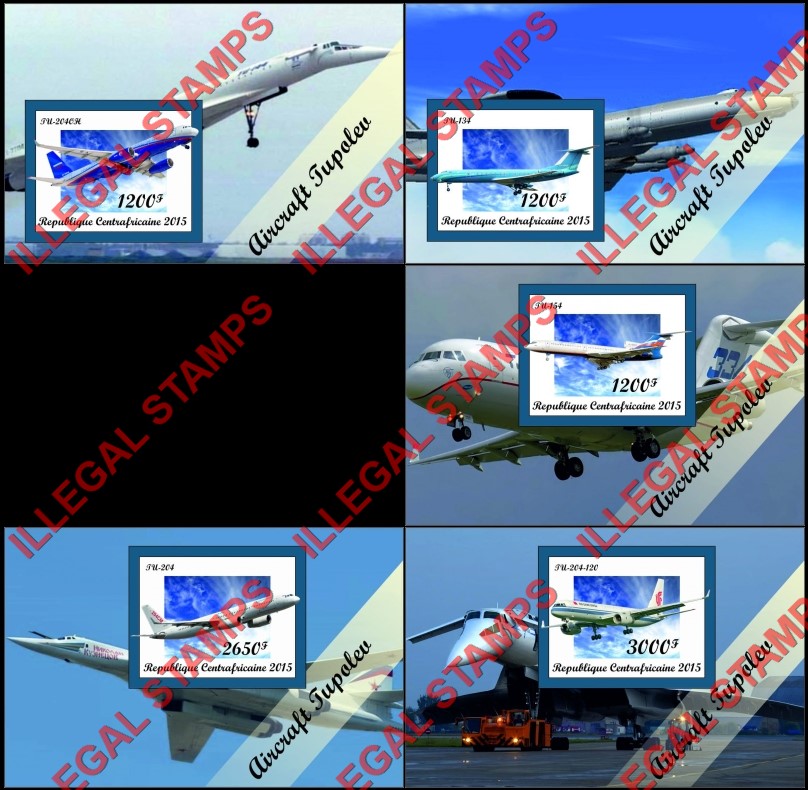 Central African Republic 2015 Tupolev Aircraft Illegal Stamp Souvenir Sheets of 1 Central African Republic 2015 Tupolev Aircraft Illegal Stamp Souvenir Sheets of 1