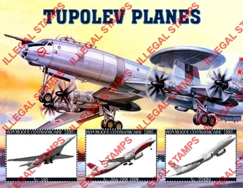 Central African Republic 2015 Tupolev Planes Illegal Stamp Souvenir Sheet of 3 Central African Republic 2015 Tupolev Planes Illegal Stamp Souvenir Sheet of 3