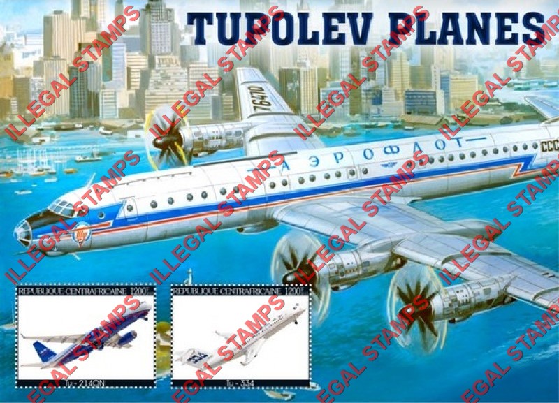 Central African Republic 2015 Tupolev Planes Illegal Stamp Souvenir Sheet of 2 Central African Republic 2015 Tupolev Planes Illegal Stamp Souvenir Sheet of 2