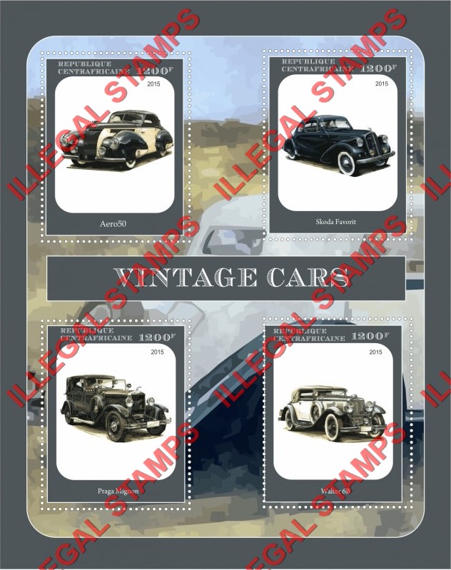 Central African Republic 2015 Vintage Cars Illegal Stamp Souvenir Sheet of 4 Central African Republic 2015 Vintage Cars Illegal Stamp Souvenir Sheet of 4