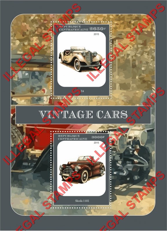 Central African Republic 2015 Vintage Cars Illegal Stamp Souvenir Sheet of 2 Central African Republic 2015 Vintage Cars Illegal Stamp Souvenir Sheet of 2