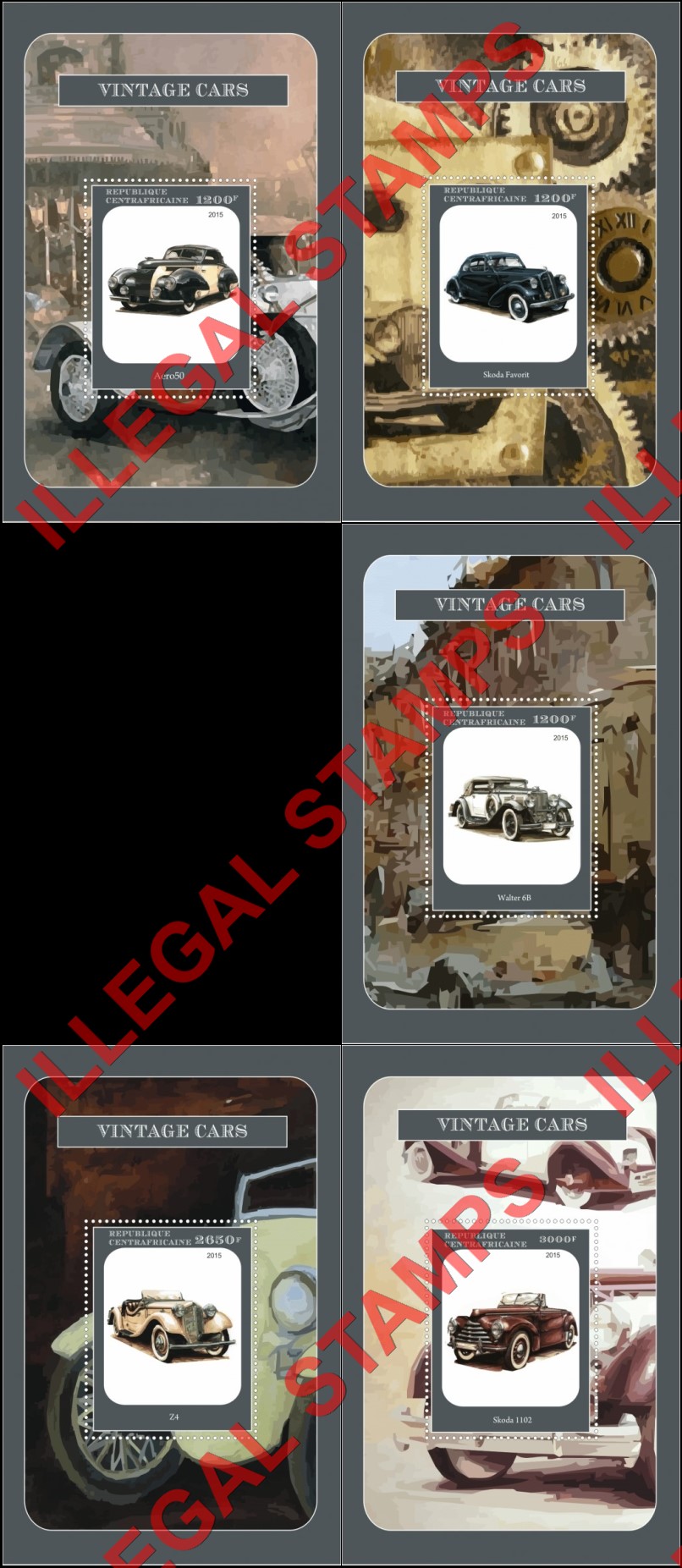 Central African Republic 2015 Vintage Cars Illegal Stamp Souvenir Sheets of 1 Central African Republic 2015 Vintage Cars Illegal Stamp Souvenir Sheets of 1