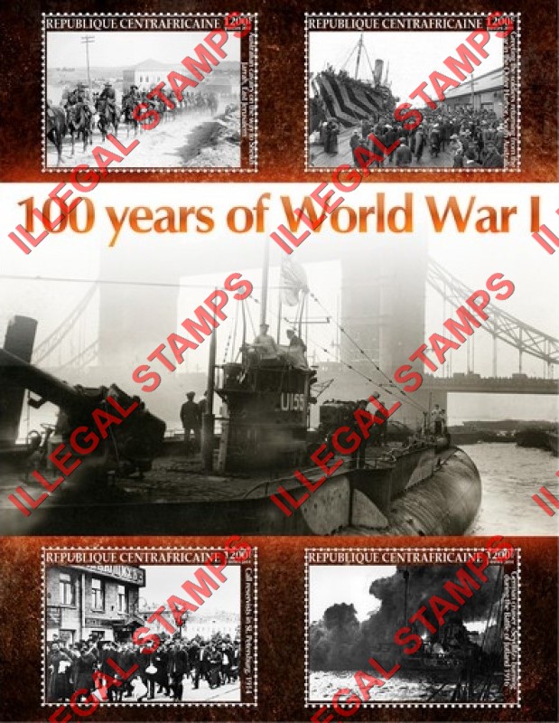 Central African Republic 2015 World War I Illegal Stamp Souvenir Sheet of 4 Central African Republic 2015 World War I Illegal Stamp Souvenir Sheet of 4