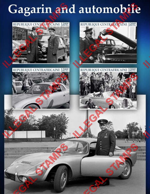 Central African Republic 2015 Yuri Gagarin and Automobile Illegal Stamp Souvenir Sheet of 4 Central African Republic 2015 Yuri Gagarin and Automobile Illegal Stamp Souvenir Sheet of 4
