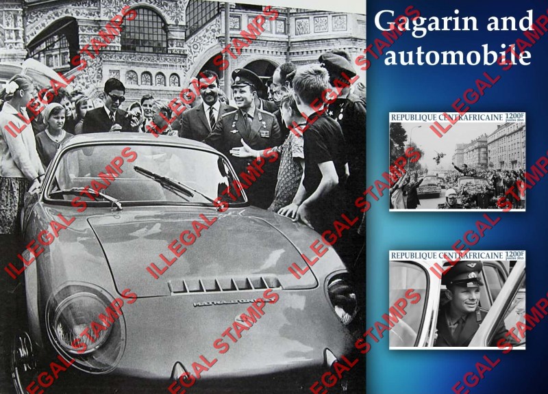 Central African Republic 2015 Yuri Gagarin and Automobile Illegal Stamp Souvenir Sheet of 2 Central African Republic 2015 Yuri Gagarin and Automobile Illegal Stamp Souvenir Sheet of 2