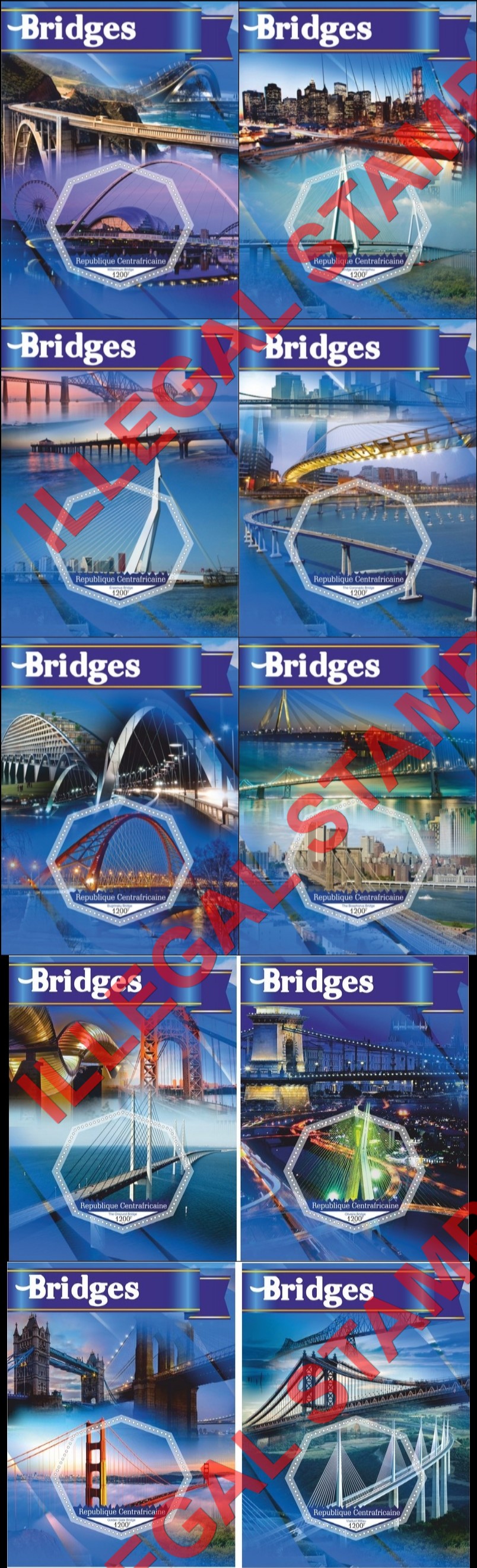 Central African Republic 2017 Bridges Illegal Stamp Souvenir Sheets of 1 Central African Republic 2017 Bridges Illegal Stamp Souvenir Sheets of 1