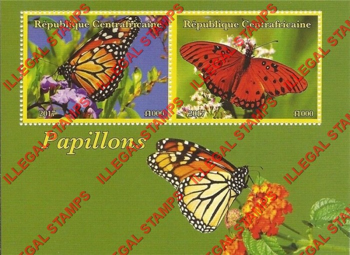 Central African Republic 2017 Butterflies Illegal Stamp Souvenir Sheet of 2 (Sheet 1) Central African Republic 2017 Butterflies Illegal Stamp Souvenir Sheet of 2 (Sheet 1)