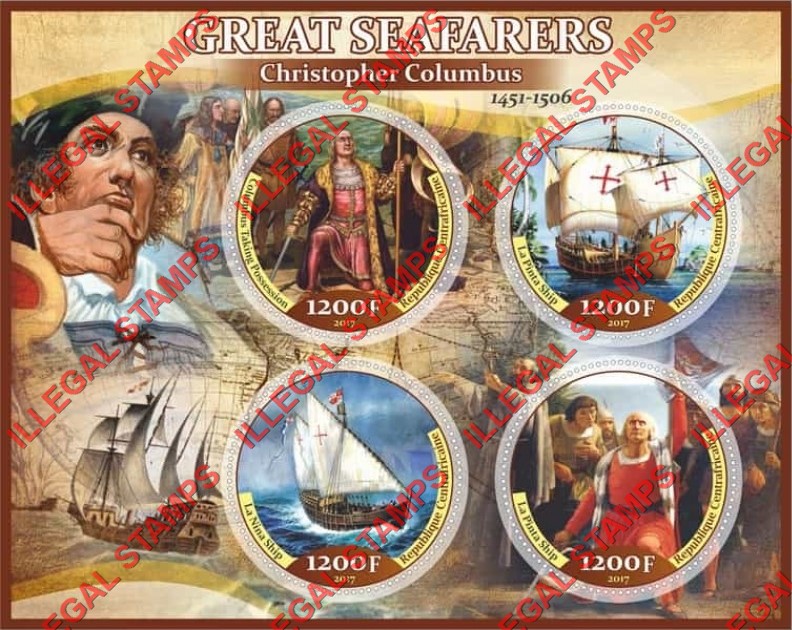 Central African Republic 2017 Christopher Columbus Illegal Stamp Souvenir Sheet of 4 Central African Republic 2017 Christopher Columbus Illegal Stamp Souvenir Sheet of 4