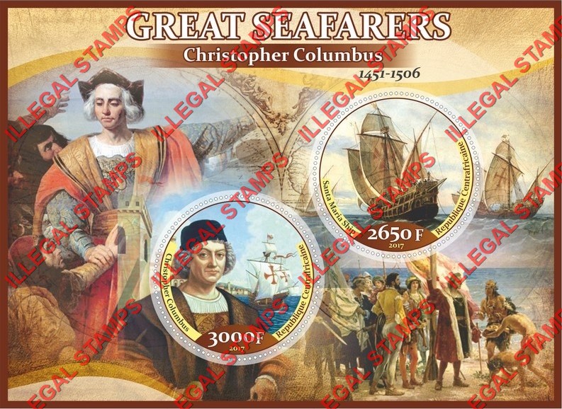 Central African Republic 2017 Christopher Columbus Illegal Stamp Souvenir Sheet of 2 Central African Republic 2017 Christopher Columbus Illegal Stamp Souvenir Sheet of 2