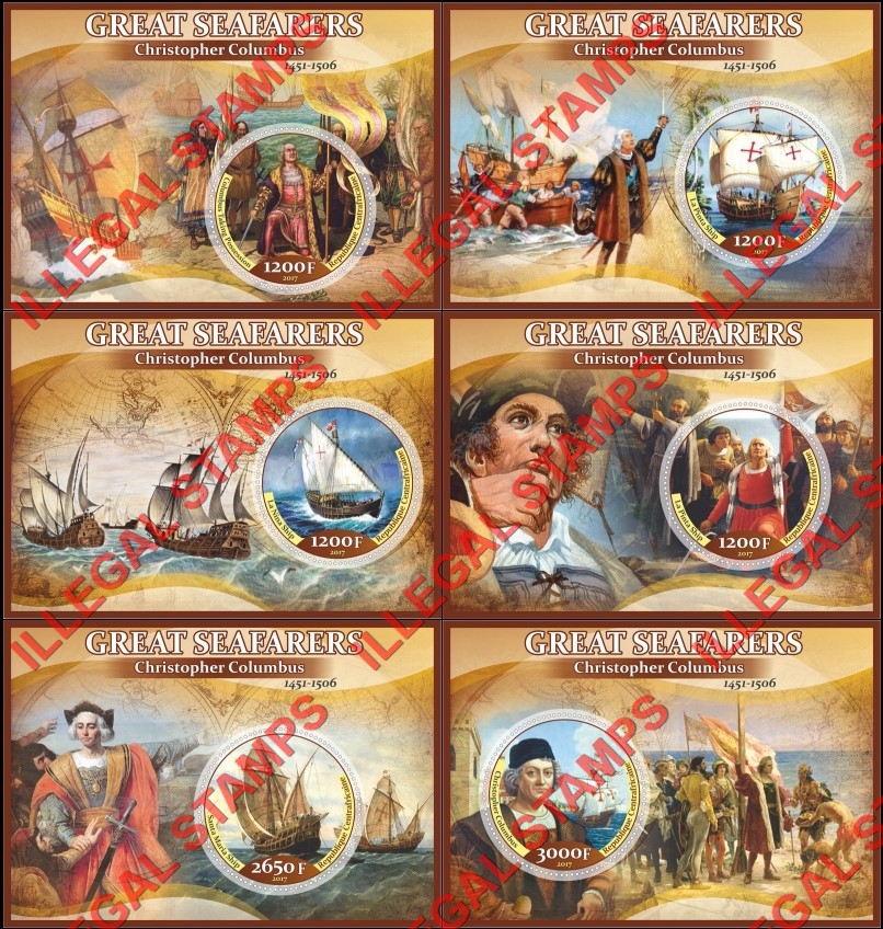 Central African Republic 2017 Christopher Columbus Illegal Stamp Souvenir Sheets of 1 Central African Republic 2017 Christopher Columbus Illegal Stamp Souvenir Sheets of 1
