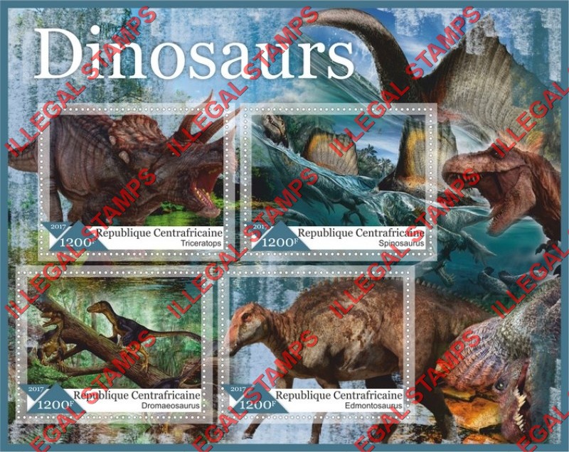 Central African Republic 2017 Dinosaurs Illegal Stamp Souvenir Sheet of 4 Central African Republic 2017 Dinosaurs Illegal Stamp Souvenir Sheet of 4