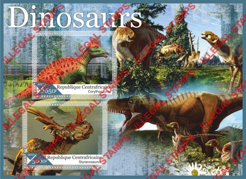 Central African Republic 2017 Dinosaurs Illegal Stamp Souvenir Sheet of 2 Central African Republic 2017 Dinosaurs Illegal Stamp Souvenir Sheet of 2
