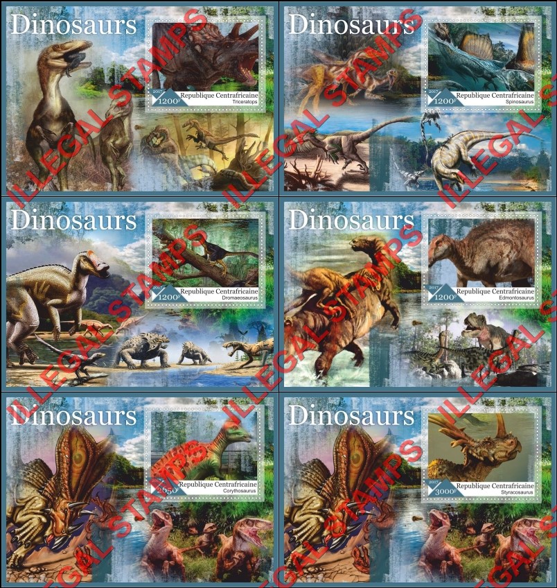 Central African Republic 2017 Dinosaurs Illegal Stamp Souvenir Sheets of 1 Central African Republic 2017 Dinosaurs Illegal Stamp Souvenir Sheets of 1