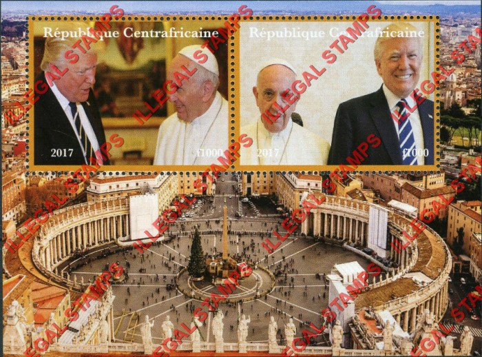 Central African Republic 2017 Donald Trump and Pope Illegal Stamp Souvenir Sheet of 2 (Sheet 1) Central African Republic 2017 Donald Trump and Pope Illegal Stamp Souvenir Sheet of 2 (Sheet 1)