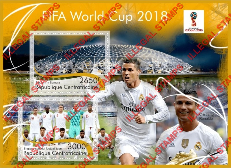 Central African Republic 2017 FIFA World Cup soccer in russia in 2018 Illegal Stamp Souvenir Sheet of 2 Central African Republic 2017 FIFA World Cup soccer in russia in 2018 Illegal Stamp Souvenir Sheet of 2