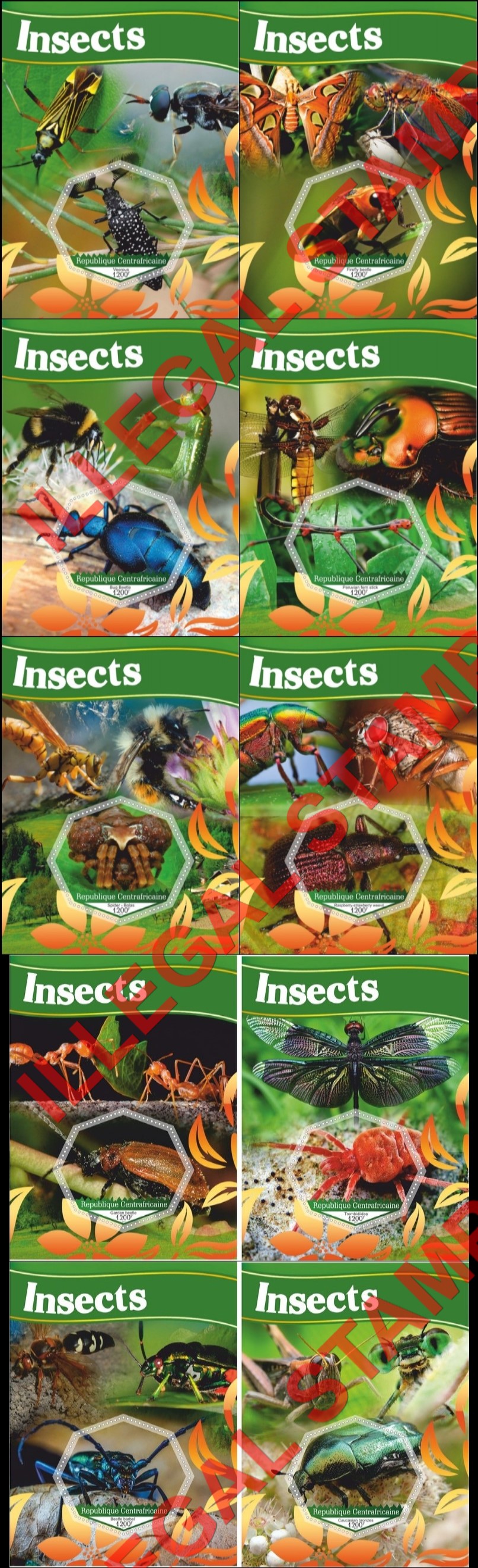Central African Republic 2017 Insects (different) Illegal Stamp Souvenir Sheets of 1 Central African Republic 2017 Insects (different) Illegal Stamp Souvenir Sheets of 1