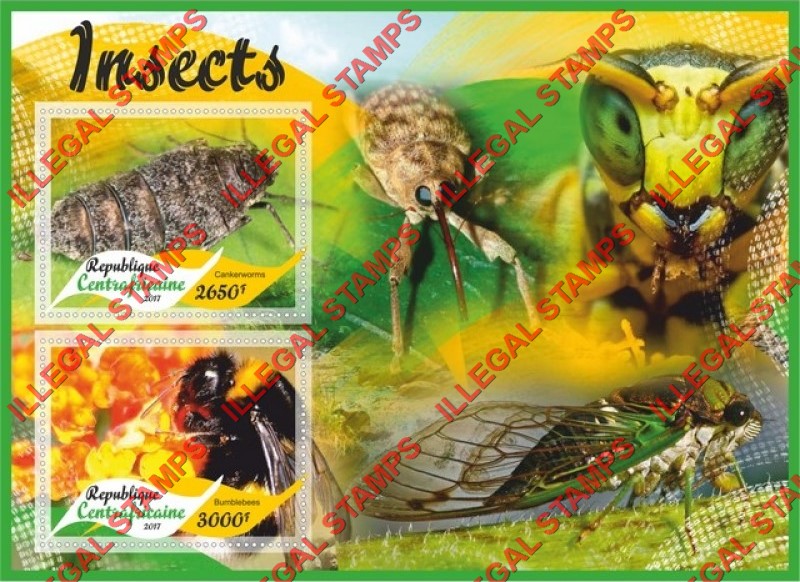 Central African Republic 2017 Insects Illegal Stamp Souvenir Sheet of 2 Central African Republic 2017 Insects Illegal Stamp Souvenir Sheet of 2