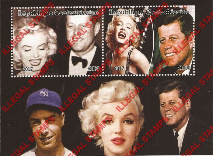 Central African Republic 2017 John F. Kennedy and Marilyn Monroe Illegal Stamp Souvenir Sheet of 2 Central African Republic 2017 John F. Kennedy and Marilyn Monroe Illegal Stamp Souvenir Sheet of 2