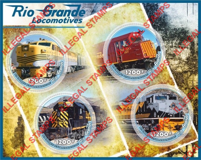 Central African Republic 2017 Locomotives in the Rio Grande Illegal Stamp Souvenir Sheet of 4 Central African Republic 2017 Locomotives in the Rio Grande Illegal Stamp Souvenir Sheet of 4