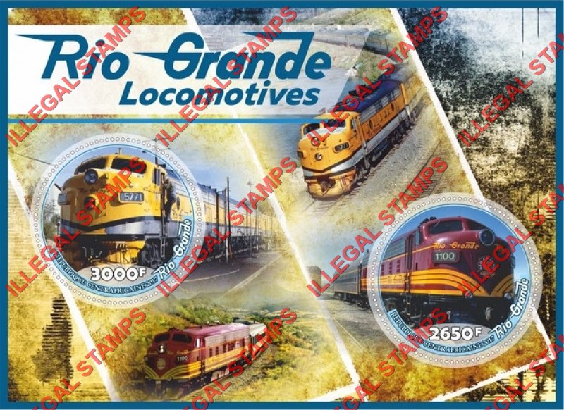 Central African Republic 2017 Locomotives in the Rio Grande Illegal Stamp Souvenir Sheet of 2 Central African Republic 2017 Locomotives in the Rio Grande Illegal Stamp Souvenir Sheet of 2
