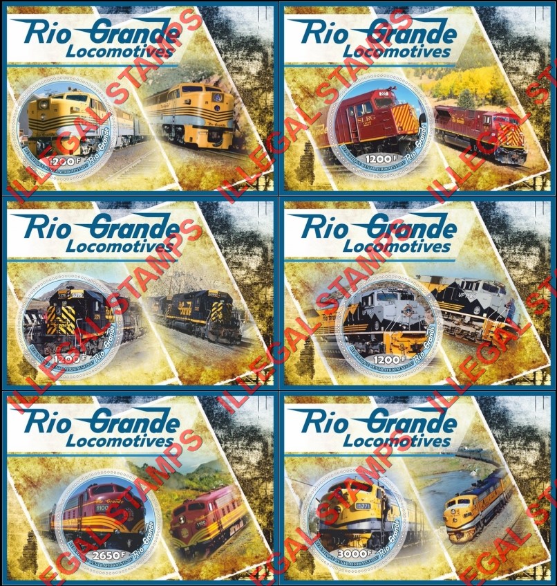 Central African Republic 2017 Locomotives in the Rio Grande Illegal Stamp Souvenir Sheets of 1 Central African Republic 2017 Locomotives in the Rio Grande Illegal Stamp Souvenir Sheets of 1