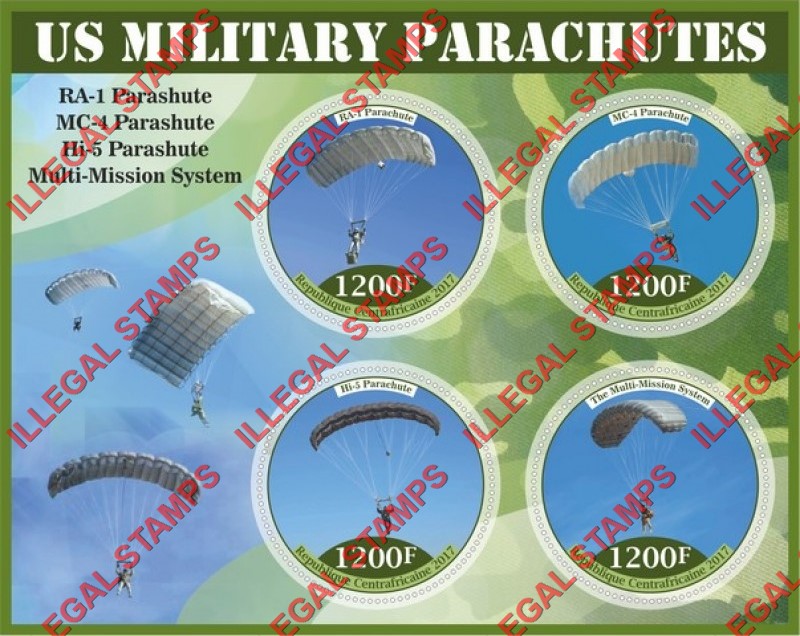 Central African Republic 2017 Military Parachutes Illegal Stamp Souvenir Sheet of 4 Central African Republic 2017 Military Parachutes Illegal Stamp Souvenir Sheet of 4
