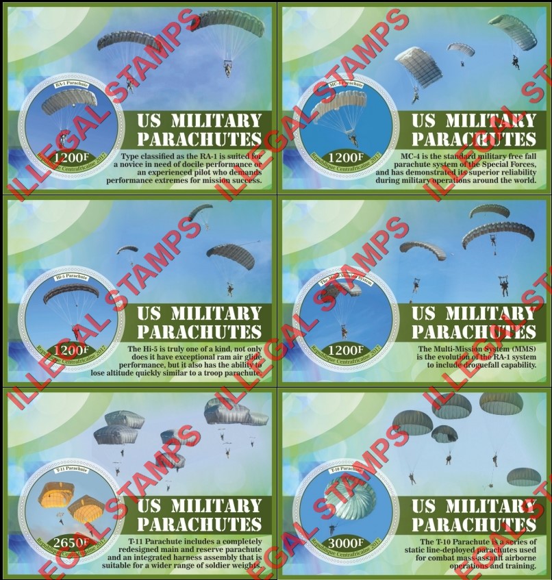 Central African Republic 2017 Military Parachutes Illegal Stamp Souvenir Sheets of 1 Central African Republic 2017 Military Parachutes Illegal Stamp Souvenir Sheets of 1