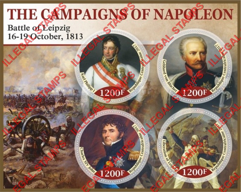 Central African Republic 2017 Napoleon Campaigns Battle of Leipzig Illegal Stamp Souvenir Sheet of 4 Central African Republic 2017 Napoleon Campaigns Battle of Leipzig Illegal Stamp Souvenir Sheet of 4