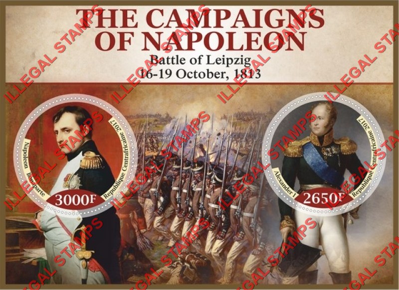 Central African Republic 2017 Napoleon Campaigns Battle of Leipzig Illegal Stamp Souvenir Sheet of 2 Central African Republic 2017 Napoleon Campaigns Battle of Leipzig Illegal Stamp Souvenir Sheet of 2