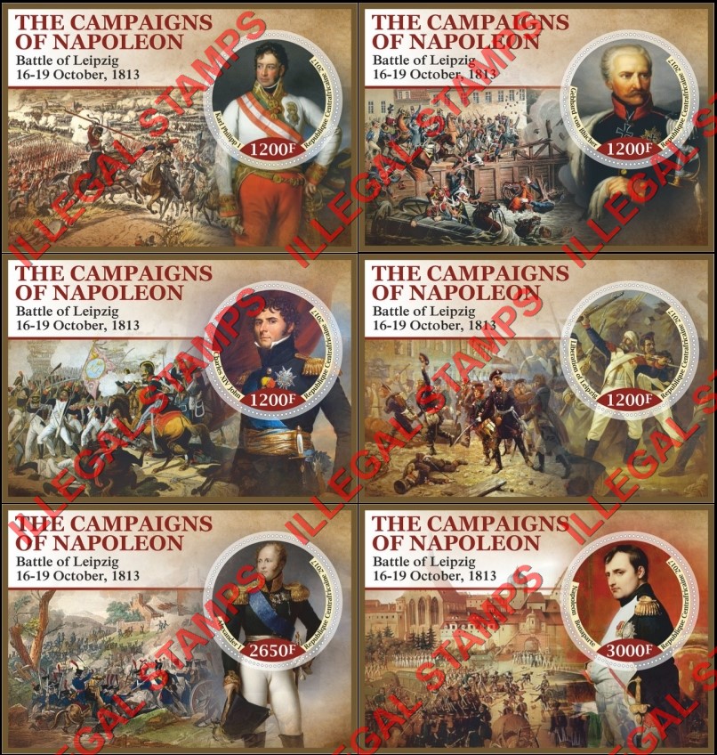 Central African Republic 2017 Napoleon Campaigns Battle of Leipzig Illegal Stamp Souvenir Sheets of 1 Central African Republic 2017 Napoleon Campaigns Battle of Leipzig Illegal Stamp Souvenir Sheets of 1