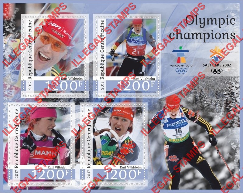 Central African Republic 2017 Olympic Champions Kati Vilkhielm Illegal Stamp Souvenir Sheet of 4 Central African Republic 2017 Olympic Champions Kati Vilkhielm Illegal Stamp Souvenir Sheet of 4