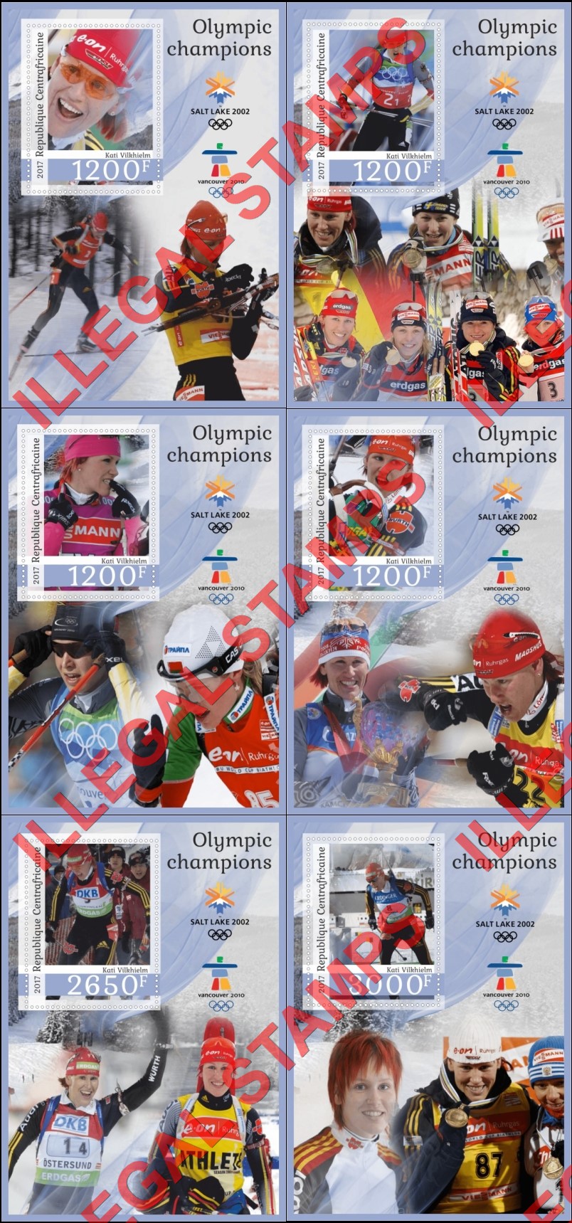 Central African Republic 2017 Olympic Champions Kati Vilkhielm Illegal Stamp Souvenir Sheets of 1 Central African Republic 2017 Olympic Champions Kati Vilkhielm Illegal Stamp Souvenir Sheets of 1