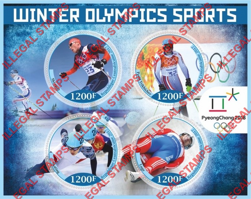 Central African Republic 2017 Olympic Games in PyeongChang in 2018 (different) Illegal Stamp Souvenir Sheet of 4 Central African Republic 2017 Olympic Games in PyeongChang in 2018 (different) Illegal Stamp Souvenir Sheet of 4