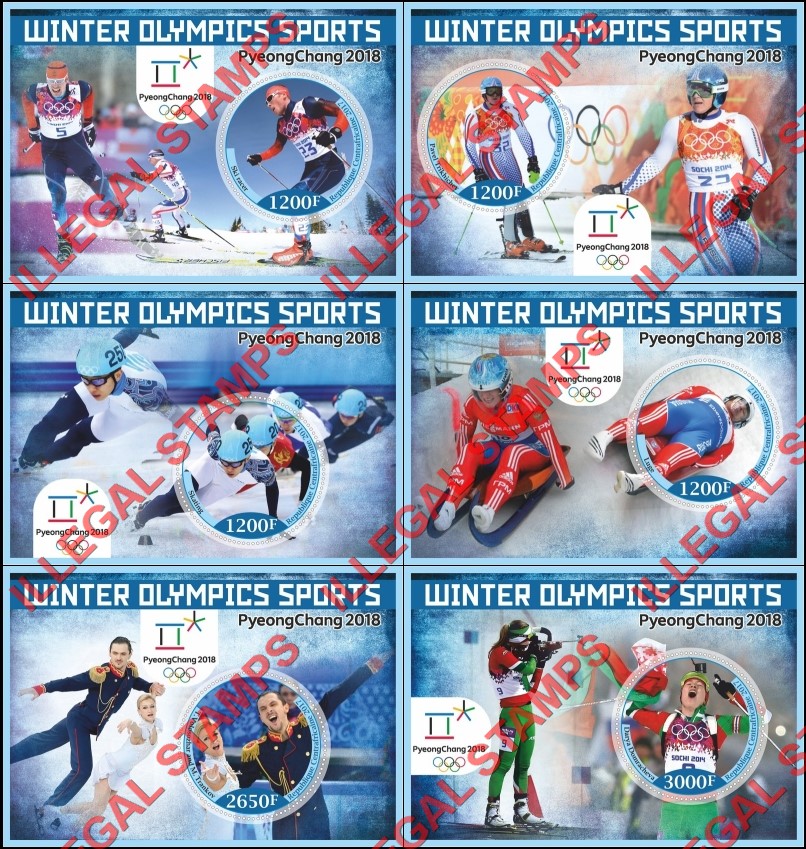 Central African Republic 2017 Olympic Games in PyeongChang in 2018 (different) Illegal Stamp Souvenir Sheets of 1 Central African Republic 2017 Olympic Games in PyeongChang in 2018 (different) Illegal Stamp Souvenir Sheets of 1