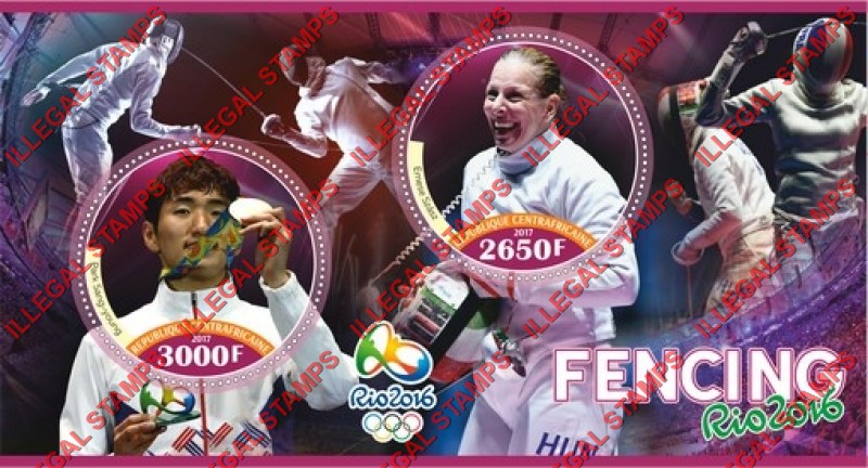 Central African Republic 2017 Olympic Games in Rio in 2016 Fencing Illegal Stamp Souvenir Sheet of 2 Central African Republic 2017 Olympic Games in Rio in 2016 Fencing Illegal Stamp Souvenir Sheet of 2