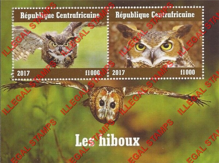 Central African Republic 2017 Owls Illegal Stamp Souvenir Sheet of 2 (Sheet 2) Central African Republic 2017 Owls Illegal Stamp Souvenir Sheet of 2 (Sheet 2)