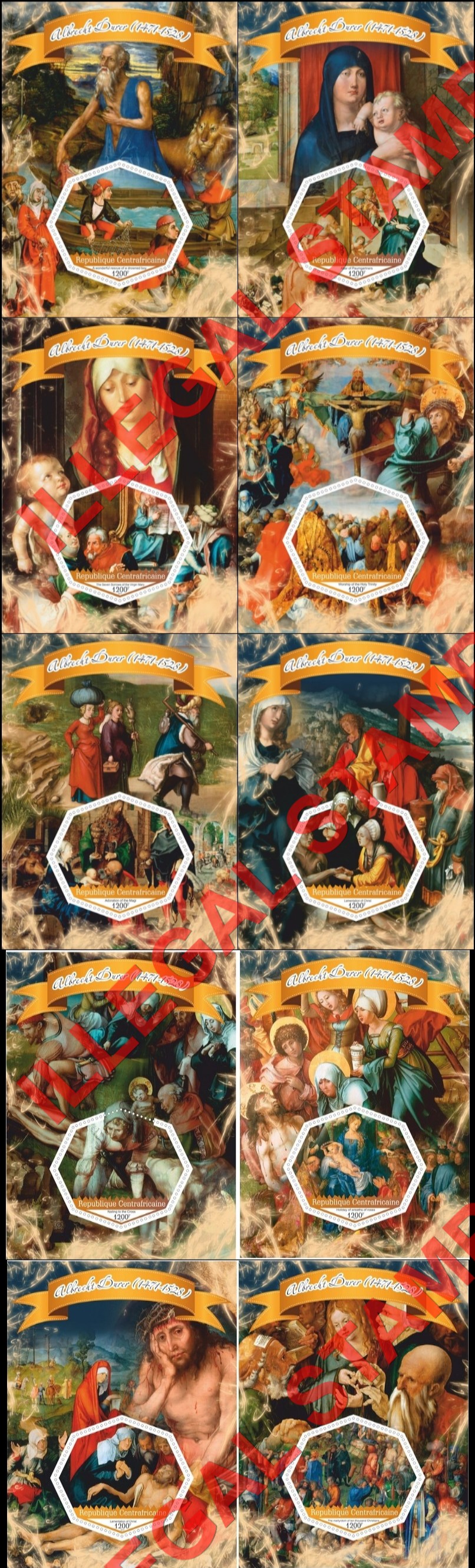 Central African Republic 2017 Paintings by Albrecht Durer Illegal Stamp Souvenir Sheets of 1 Central African Republic 2017 Paintings by Albrecht Durer Illegal Stamp Souvenir Sheets of 1