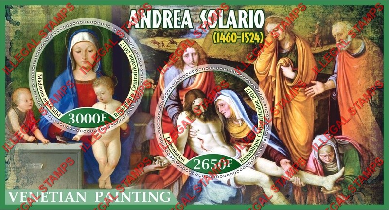 Central African Republic 2017 Paintings by Andrea Solario Illegal Stamp Souvenir Sheet of 2 Central African Republic 2017 Paintings by Andrea Solario Illegal Stamp Souvenir Sheet of 2