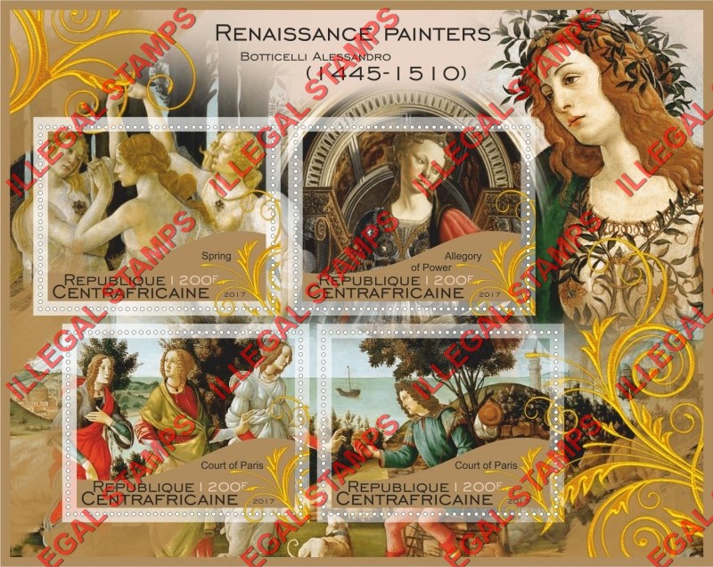 Central African Republic 2017 Paintings by Botticelli Alessandro Illegal Stamp Souvenir Sheet of 4 Central African Republic 2017 Paintings by Botticelli Alessandro Illegal Stamp Souvenir Sheet of 4