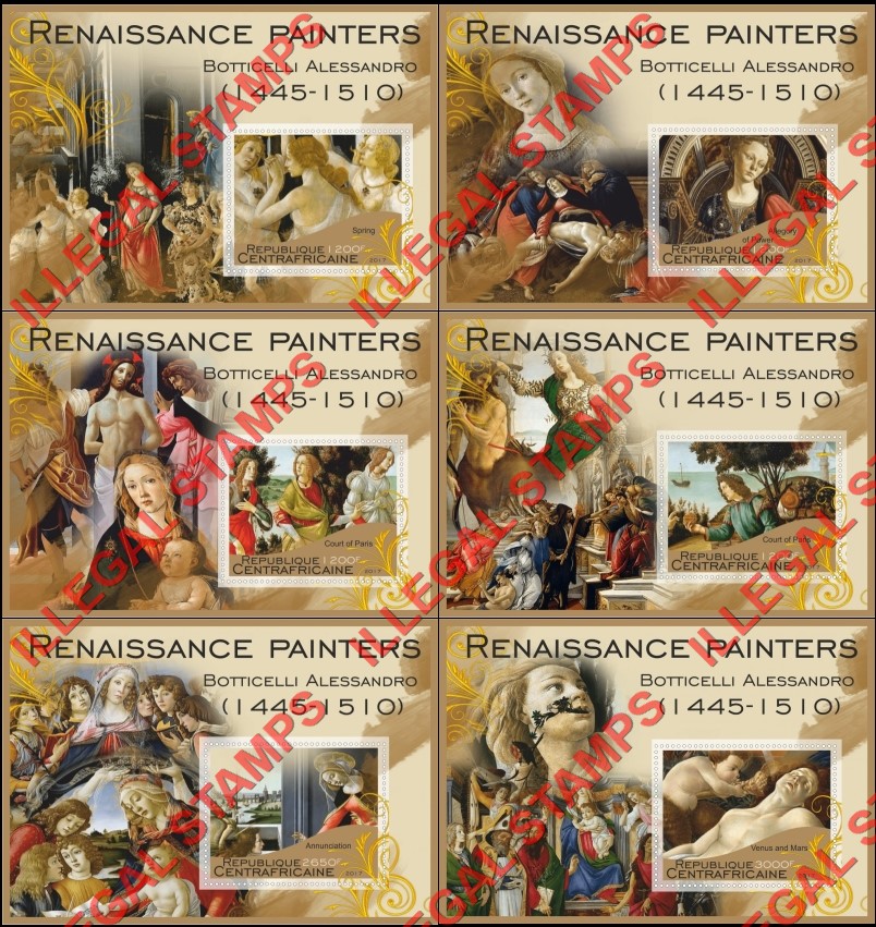 Central African Republic 2017 Paintings by Botticelli Alessandro Illegal Stamp Souvenir Sheets of 1 Central African Republic 2017 Paintings by Botticelli Alessandro Illegal Stamp Souvenir Sheets of 1